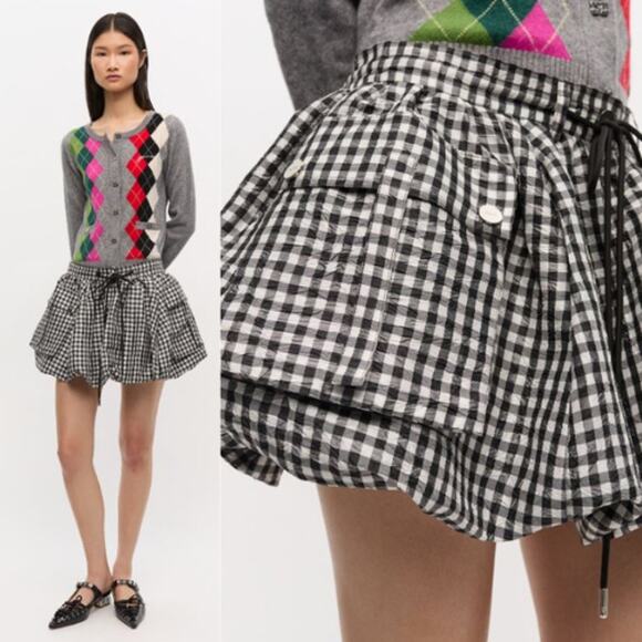 GANNI | NWT Check Mini Bubble Skirt in Black Gingham Taffeta 38 / US 6 - Picture 2 of 14